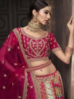 Deep Pink And Cream Banarasi Silk Lehenga